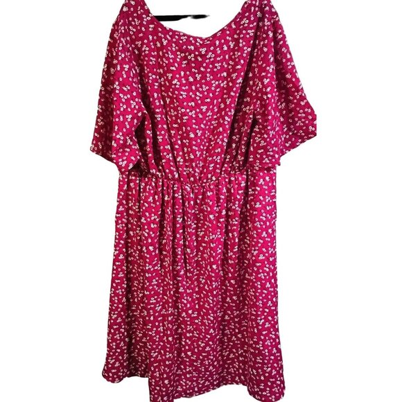Bloomchic Rose Red Floral Dress Tie v-neck Pockets Below Knee Flare Sleeves 12 - Picture 2 of 6